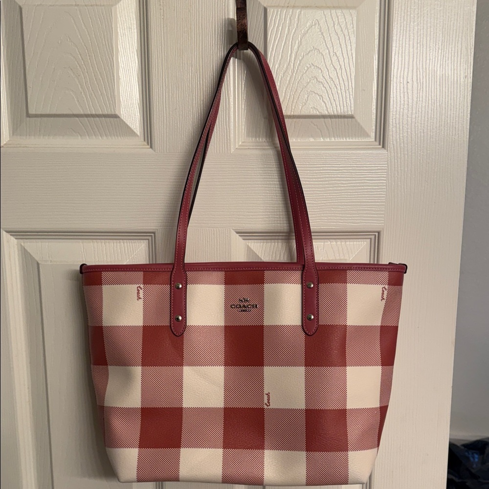 Coach Red and Cream Plaid Tote - Picture 8 of 15